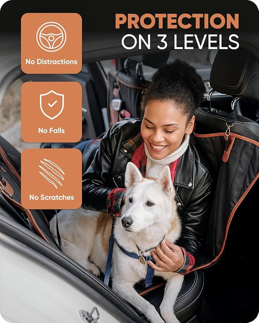 Owleys Hard Bottom Pet Seat Cover for Back Seat – Heavy Duty Waterproof Dog Hammock Bed –Travel Protector for SUVs, Sedans & Trucks – Foldable Design - 2 Pockets – Mesh Ventilation Windows