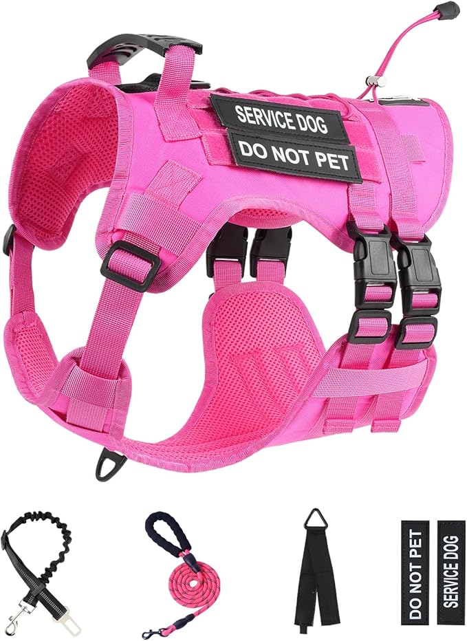 No Pull Tactical Dog Harness for Small Dogs, Escape Proof Molle Dog Vest Harness and Leash Set, Adjustable Military Service Dog Harness with Handle for Medium Large Dogs (Pink, S)