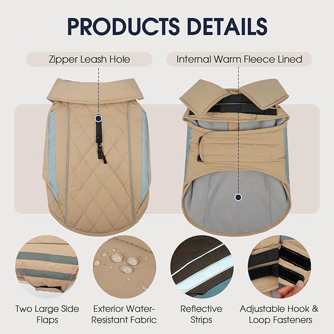 IECOii 5XL Warm Dog Jacket - Waterproof Great Dane Coats Windproof Outdoor Hunting Vests Reflective & Adjustable Cozy Jacket Vest with Fleece Lined for Giant Pets, Khaki, Sizes XXXXXL