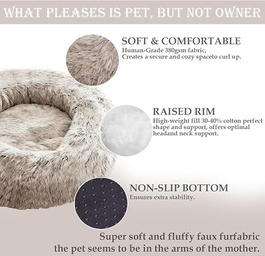 Calming Dog & Cat Bed for Extra Large Small Medium Sized Pet, Donut Washable Comfort Fluffy Warm Round Mat for Puppy Kitten, 8 Size Essentials Furniture Supplies Indoor