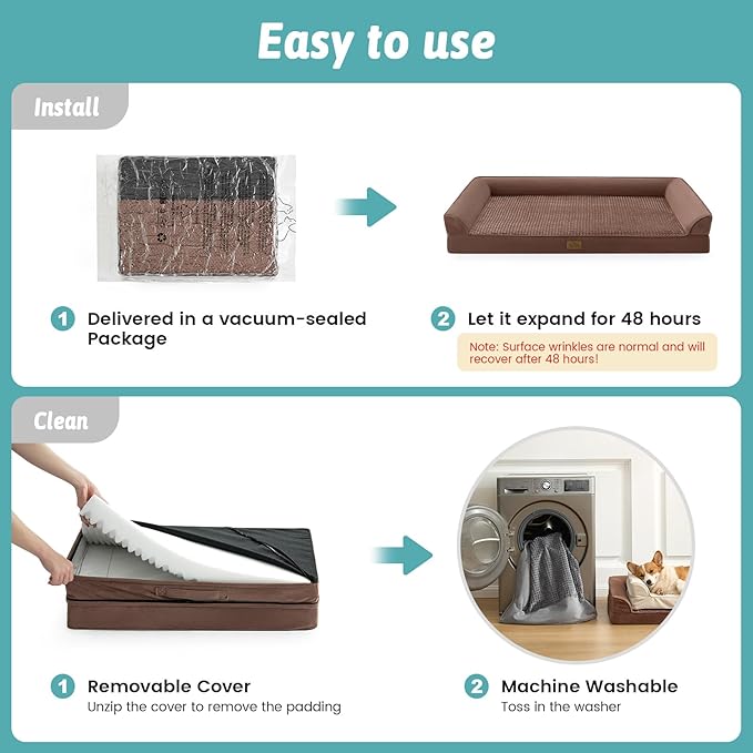 Dog Beds for Extra Large Dog, XXL Bolster Pet Couch with Waterproof Lining, Egg Crate Foam Sofa for Pets Up to 150 lbs, U-Shaped, 48x35x8 inch, Brown