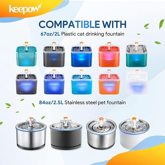 KEEPOW Pet Fountain Filter Replacement for 67oz/2L & 84oz/2.5L - 6 Pack Cat Fountain Filter Compatible With Plastic & Stainless Steel