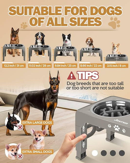 Elevated Dog Bowls, Dog Feeder with Stainless Steel Dishes & Slow Feeder Bowl, 5 Heights Adjustable Raised Stand for Medium Large, Food Dishes with Non-Slip Feet