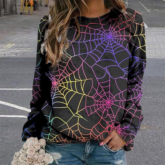 MARSVOVO Fall Sweatshirt for Women Novelty Spider Web Shirt Dressy Casual Crewneck Tunic Tops Spring Graphic Pullover