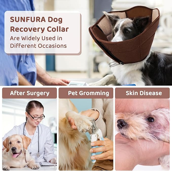 SUNFURA Dog Cone - Soft Cone for Dogs to Stop Licking, Pet E-Collar Alternative After Surgery, Adjustable Pet Recovery Collar for Wound Healing, Brown Large