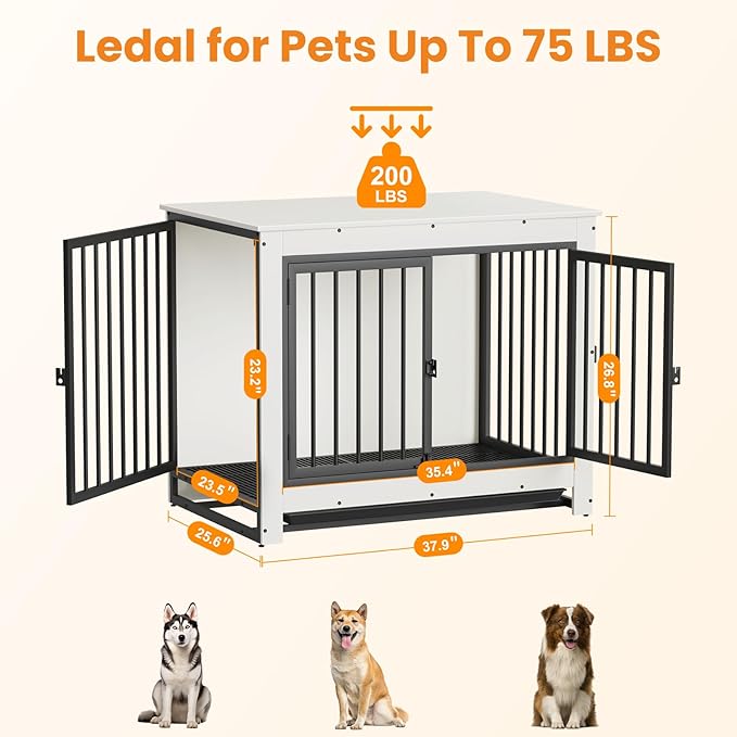 Dog Crate Furniture, 38 Inch Indoor Dog Kennel for Medium Dogs Up to 50 LBS, Heavy Duty Wooden Pet Cage End Table with 3 Doors, Alloy Steel Frame & Removable Tray