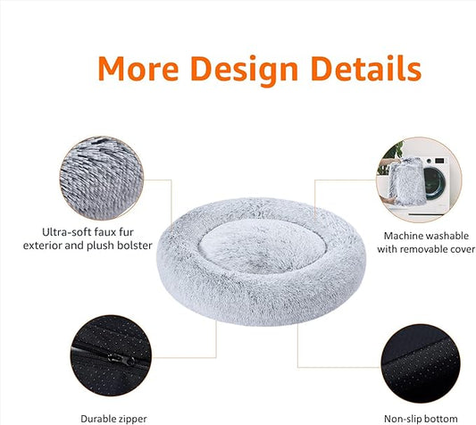 Amazon Basics Donut Pet Bolster Faux Fur Bed for Dog, Grey, 23" x 23"