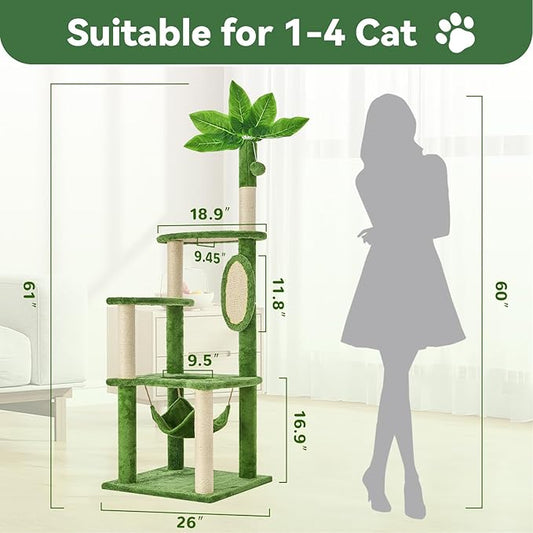 61 Inches Cat Tree Tower with Hammock, Tall Cat Tree with Scratching Post, Green Cat Shaped Design Tree for Indoor Large Cat, Large Cat Furniture with Pompoms for Living Room, Bed Room