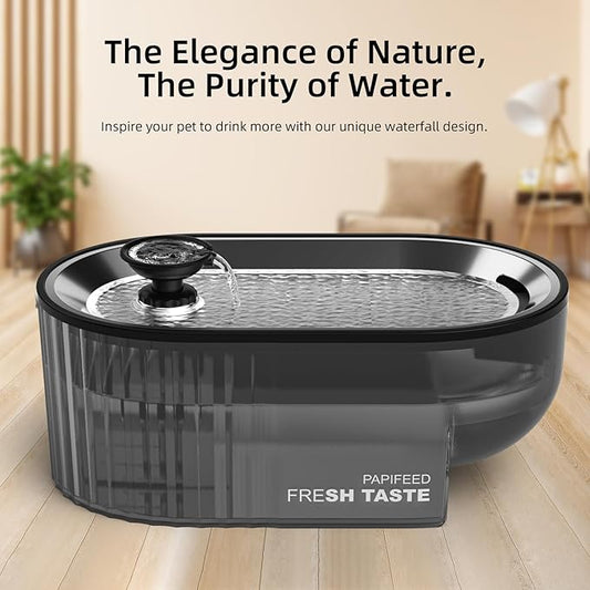PAPIFEED Cat Water Fountain+ Stainless Steel Tray + 1 Silicone Mat+5 Filters+2 Sponges, 84 oz/2.5L Automatic Pet Drinking Fountain, Ultra Quiet Pet Fountain with Stainless Steel Tray, Easy to Clean