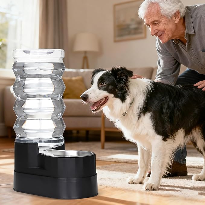 RIZZARI Automatic Pet Waterer, Gravity Stainless Steel Water Dispenser, 100% BPA-Free, Large Capacity Water Feeder for Cats and Small and Medium-Sized Dogs (Jet Black, 9L)