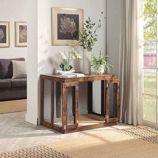 unipaws 38.5 Inch Large Dog Crate Furniture with Tray, Wooden Kennel Pet House Dog Cage with Door, Modern Decorative Dog Crate End Side Table Nightstand, Rustic