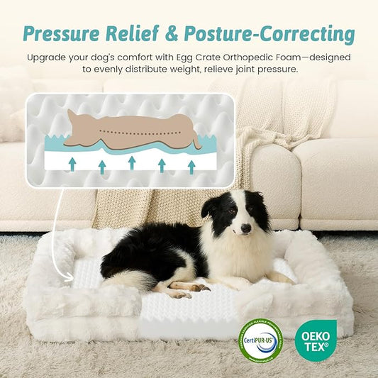 Orthopedic Dog Bed for Medium Small Size Dog, Faux Fur Pet Sofa, Foam Bolster Couch with Waterproof Lining Cover, Anti-Slip, Soft, Warm, Washable, C-Shaped, 30x20x6.5 inch, Beige
