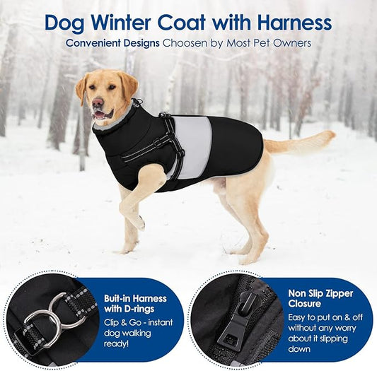 KOESON Large Dog Coat, Warm Dog Winter Coat Cold Weather Jacket with Built-in Harness and Reflective Straps, Windproof Pet Puffer Jacket Zip Up Fleece Vest for Pitbull, Husky, Black L