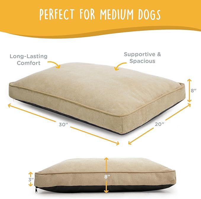 Milo Dog Bed for Medium Dogs, Waterproof Dog Bed Pillows with Removable Washable Cover, Pet Sleeping Mattress, 30 x 20 Inches, Tan