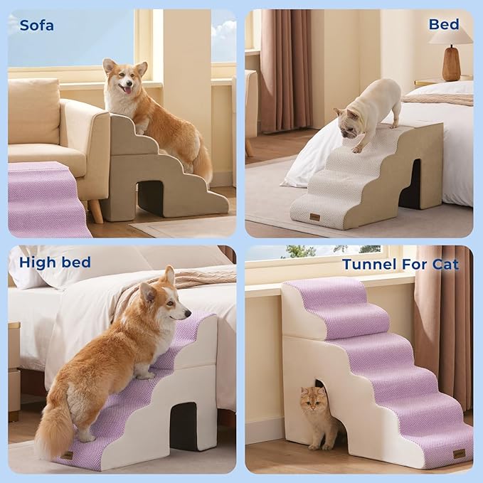 Dog Steps for High Beds - 6 Step 29" H Pet Stairs with Tunnel 2 in 1 with Zippers Suitable for Large Dogs and Cats, Indoor Cat Ladders with Non-Slip Bottom, Beige