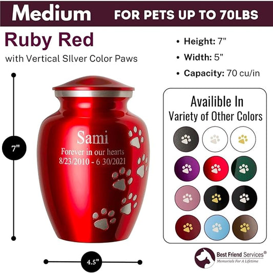 Pet Urn for Dogs and Cats with Personalized Laser Engraving, Ottillie Paws Premier Series Memorial Urns (Medium Ruby Red with Vertical Pewter Paws)