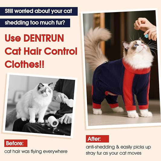 DENTRUN Cat Clothes with Anti-Shedding Fabric - Soft Recovery Suit & Breathable Lint-Resistant Cat Sweater for Wound Care & Hair Control, Kitten Onesie Pajamas, M, Dark Blue