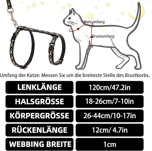 PUPTECK Adjustable Cat Harness and Leash Set Escape Proof Kitten Strap Collar for Walking Travel, Moon&Star