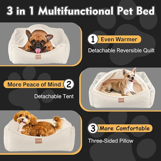 Calming Dog Bed for Medium Dogs,All-Season Leather,Non-Slip One-Key Detachable Washable Dog Bed for Small Dogs Cat Pet Beds with Sides and Cover (White, Medium)