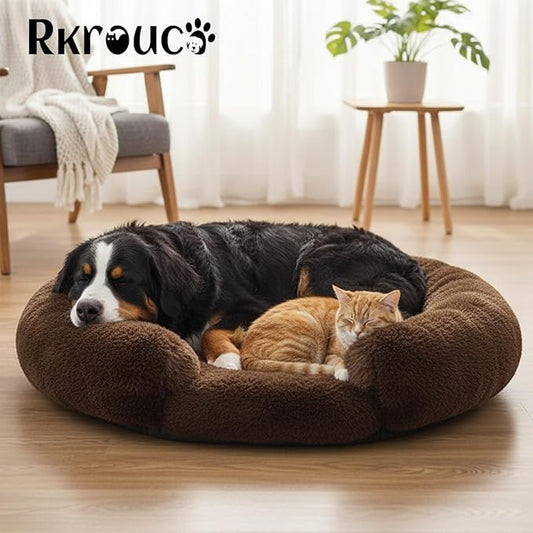 Fluffy Dog Bed Calming Donut Beds for Large Dogs Warming Round Small Medium Pet Nest Cozy Cat Mattress Indoor Washable Puppy Kennel Kittens Sleep Mat (XL, 43.3×43.3 inch, Brown)