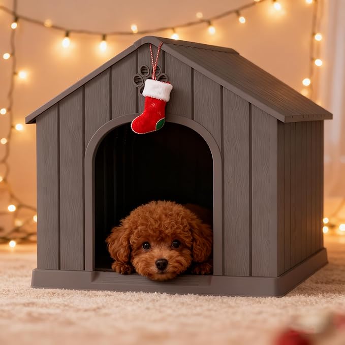 Fancyango Dog House Outdoor Indoor for Medium Large Dogs, Sturdy Plastic Waterproof Doghouse with Air Vents and Elevated Floor, Easy Clean and Assemble (Grey, 26.18''L × 24.02''W × 25.98''H)