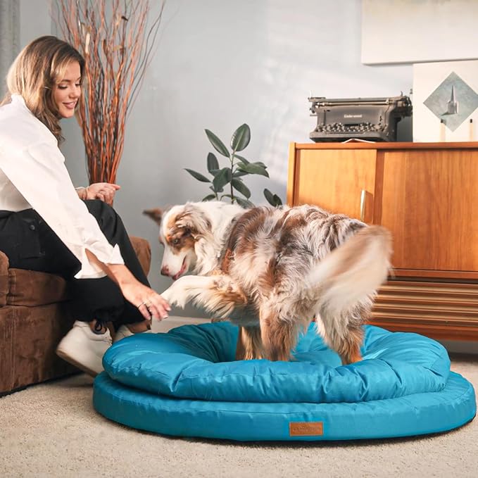 ClevaHome Orthopedic Dog Bed for Large Dogs, Dual Layer Water Repellent Round Pet Bed with Washable Cover Nonslip Bottom(Mosaic Blue)