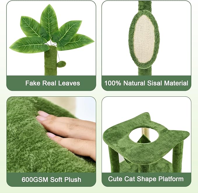 61 Inches Cat Tree Tower with Hammock, Tall Cat Tree with Scratching Post, Green Cat Shaped Design Tree for Indoor Large Cat, Large Cat Furniture with Pompoms for Living Room, Bed Room