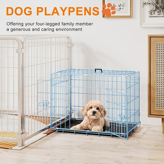 FDW 24inch Dog Crate Pet Cage with Metal Folding Design Plastic Tray Indoor Outdoor Dog Kennel Cage for Small Dogs,Blue