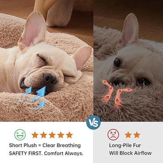 OhGeni 27 inches Calming Donut Dog & Cat Bed for Medium Pets, Warming Comfort Fluffy Short Pile Fur, Durable Machine Washable Round Bed, Cute Round Bed for Puppy and Kitten, Camel
