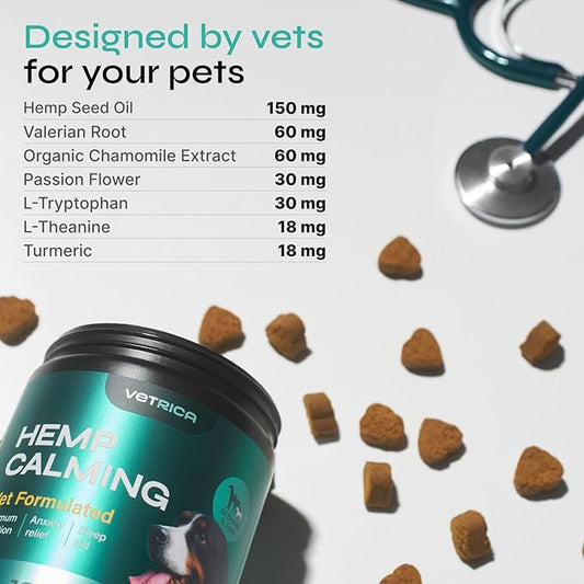 Calming Chews for Dogs Anxiety Relief - Hemp Calming Chews for Dogs with Valerian Root, Hemp Seed Oil, Turmeric, L-Theanine - Soft Treats for Storms, Fireworks, Separation, Vet Visits, Grooming