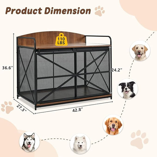 Large Furniture Dog Crate, Dog Kennel Indoor, Wood Dog Cage Table, Heavy Duty Dog Crate, Sturdy Metal,Brown