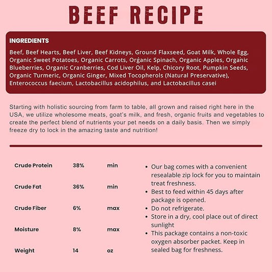 Shepherd Boy Farms Freeze Dried Raw Dog Food, All Natural, No Synthetics, Made in USA with Goat's Milk & Organic Produce, High Protein, Complete Meal (14oz, Beef)