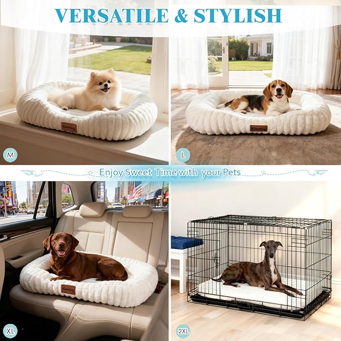 Cute Washable Dog Bed for Small Medium Dogs, Orthopedic Plush Rectangle Anti-Anxiety Dog Bed, Medium Calming Bolster Puppy Bed with Durable Removable Zipper Cover&Anti-Silp Bottom, 30in, Cream