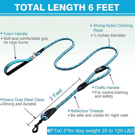 Dog Leash, 6 Foot Dog Leash, 2 Extra Padded Handles, Lockable Metal Carabiner Clip, Reflective No Pull Heavy Duty Rope Lead, Walking, Training, Running, Medium to Large Breeds(Blue)