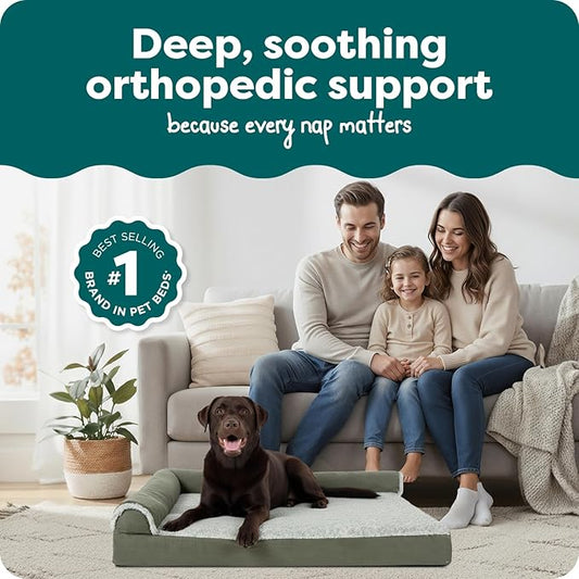 FurHaven Orthopedic Dog Bed for X-Large Dogs, L-Shaped Chaise Contour Mattress with Egg Crate Orthopedic Memory Foam for Joint Support, Removable Washable Cover, Jumbo/XL, Faux Fur & Suede, Dark Sage