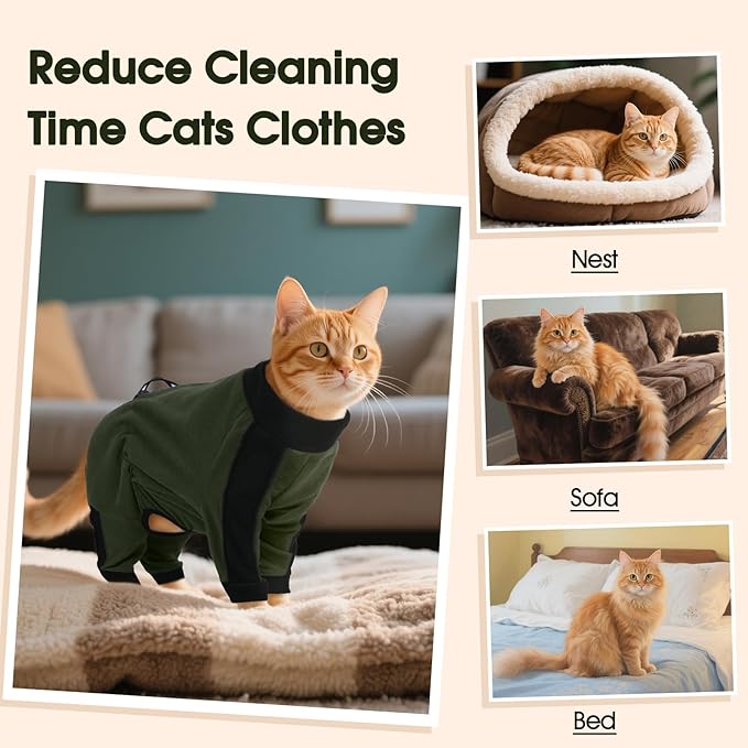 DENTRUN Cat Clothes with Anti-Shedding Fabric - Soft Recovery Suit & Breathable Lint-Resistant Cat Sweater for Wound Care & Hair Control, Kitten Onesie Pajamas, L, Army Green