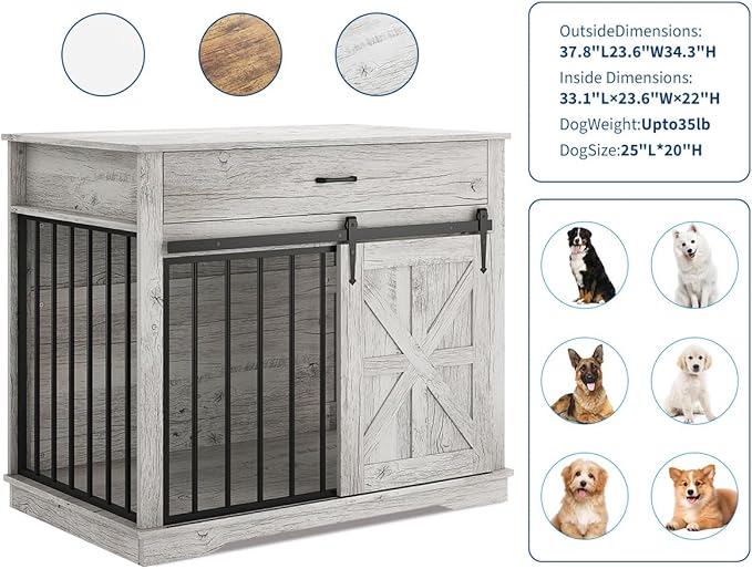 37.8" Dog Crate Furniture for Small Medium Dogs, 2-in-1 Iron-Wood Fusion Dog Cage Indoor As Side End Table, Farmhouse Dogs Kennel with Sliding Barn Doors & Drawer, Grey