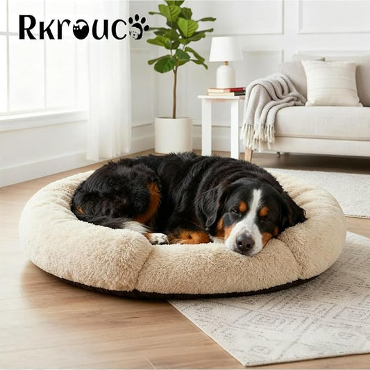Fluffy Dog Bed Calming Donut Beds for Large Dogs Warming Round Small Medium Pet Nest Cozy Cat Mattress Indoor Washable Puppy Kennel Kittens Sleep Mat (L, 35.4×35.4 inch, Khaki)