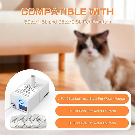 Cat Water Fountain Pump for 50oz, 95oz Fountain, Ultra Quiet Pump with USB Cable, LED Light and 6 Packs Pet Fountain Filters