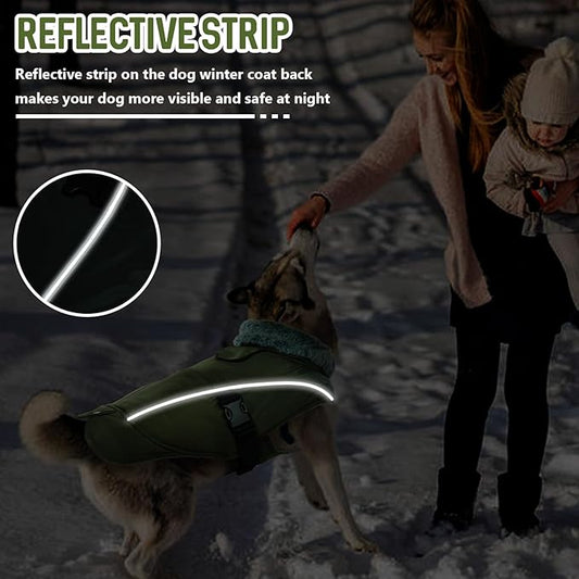 DENTRUN Winter Warm Dog Coat Reflective Jacket with Turtleneck for Cold Weather, Adjustable Buckle Windproof Water Repellent, Thick Snowsuit Fleece Vest for Small, Medium, Large Dogs, Green, XXL