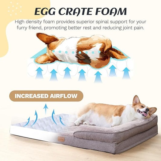Extra Large Dog Bed Orthopedic with Bolster Sides Removable Egg-Crate Foam Waterproof Liner Pet Bed Sofa Couch with Removable Washable Cover Non-Slip Bottom, Beige