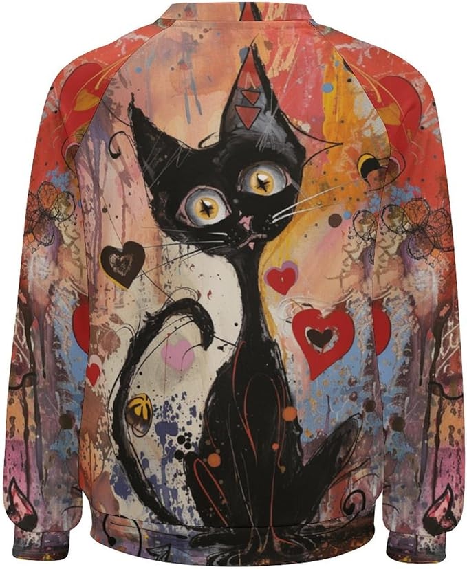 Womens novelty funny cat printed crewneck sweatshirt casual loose long sleeve graphic pullover sweatshirts tops