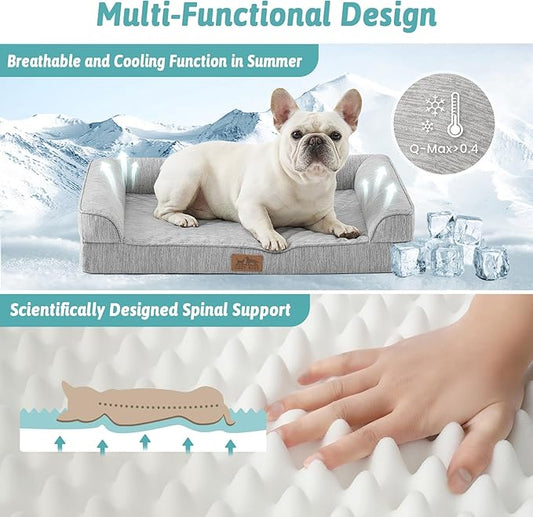 Cooling Dog Bed, Orthopedic Foam Dog Bed with Sides, Removable Washable Cover & Waterproof Lining and Nonskid Bottom, Comfortable Pet Beds for Small Dogs, Grey (30" L x 20" W x 6" Th)