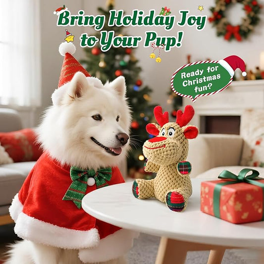 Christmas Dog Toys - Cute Reindeer Durable Squeaky Plush Dog Toy for Small, Medium & Large Dogs, Soft Xmas Gift for Pets