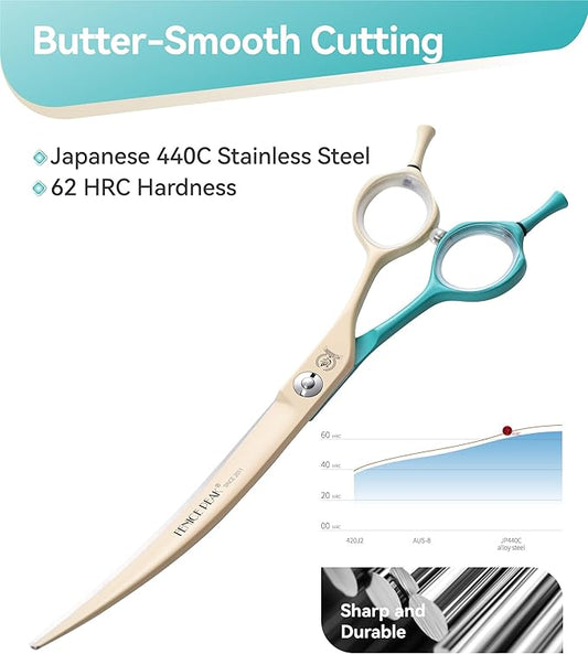Fenice Peak Curved Dog Grooming Scissors with Coating 440C Stainless Steel, 7 inch Professional Curved Shears Dog Grooming,25 Degree of Curved Blade,Pet Shear for Trimming Face and Paws, Green & White