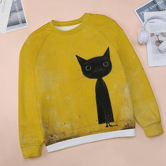 Biacolum Long Sleeve Shirts for Women Mid Century Retro Style Atomic Cat 3D Graphic Sweatshirts Fall Crewneck Pullover Top
