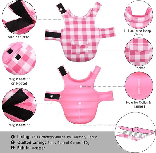 ASENKU Dog Winter Coat, Fleece Doggie Jacket Plaid Reversible Vest Waterproof Windproof Cold Weather Clothes for Small Medium Large Dogs (Pink,3XL)