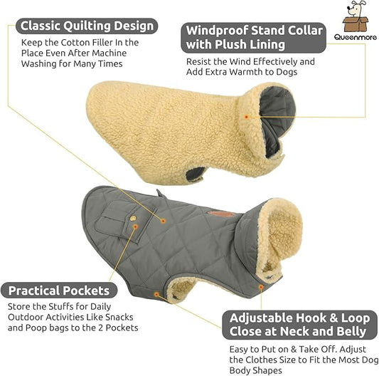 Queenmore Dog Winter Coat - Fleece Jacket, Waterproof Cold Weather Clothes, Thick Warm Cotton Padding, Easy On/Off Storage Pockets (Grey, X-Small)