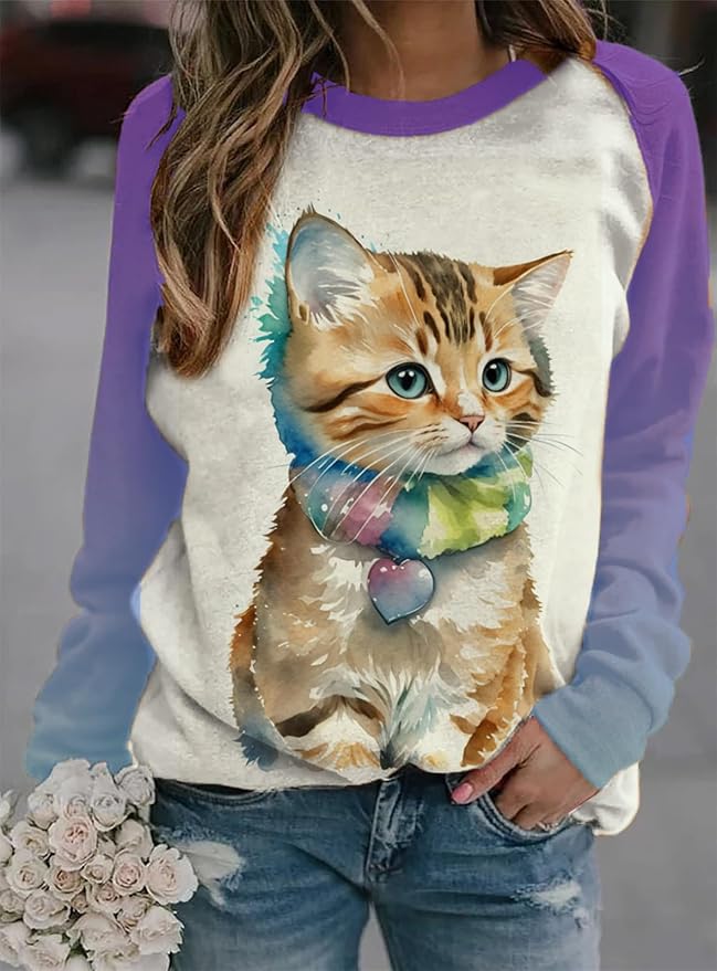 IVERIRMIN Womens 3D Cat Crewneck Sweatshirts Casual Cute Long Sleeve Shirts Pullover Tops Graphic Loose Fit Sweater for Women