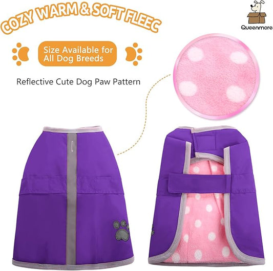 Queenmore Dog Winter Coat, Cold Weather Fleece Jacket for Dogs, Waterproof Reflective Reversible, for Small, Medium and Large Dogs (Purple, S)